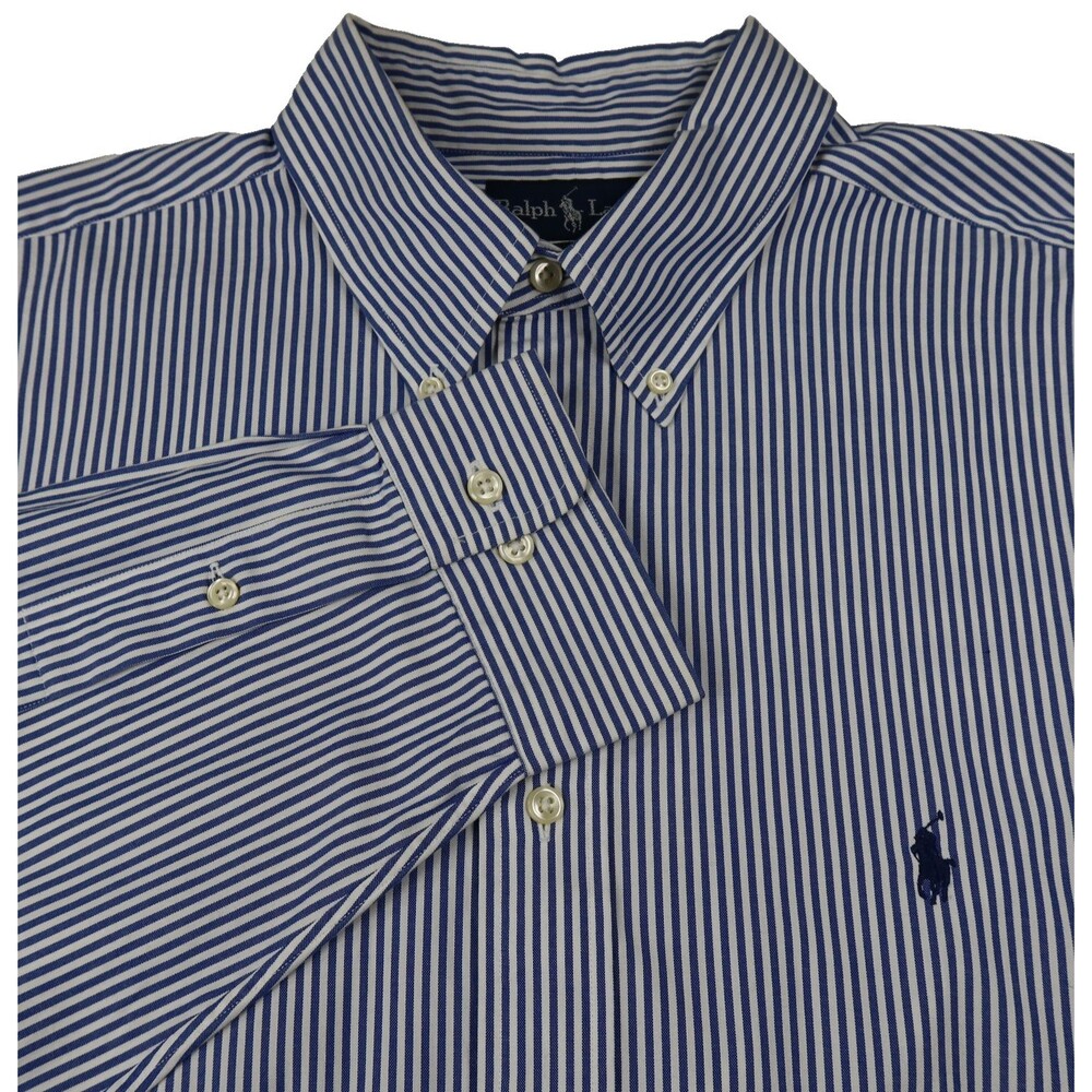 Ralph Lauren Button Down Shirt Men' Size 17x36/37 Navy Stripe Classic Fit Cotton